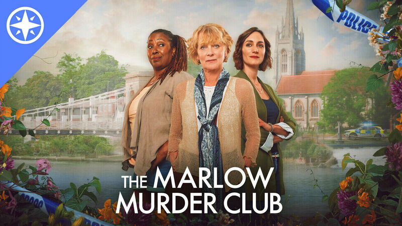 Signature image features the three main characters, Judith Potts, Becks Starling and Suzie Harris in a frame surrounded by flowers and police tape. The name of the show is The Marlow Murder Club.